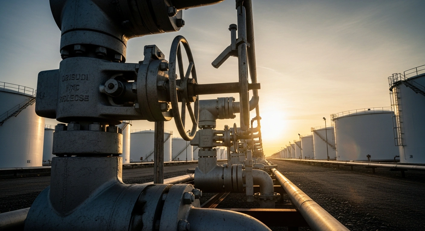 Large industrial oil storage tanks at the Strategic Petroleum Reserve stand under a sunset sky during the historic release of oil to stabilize global energy markets.