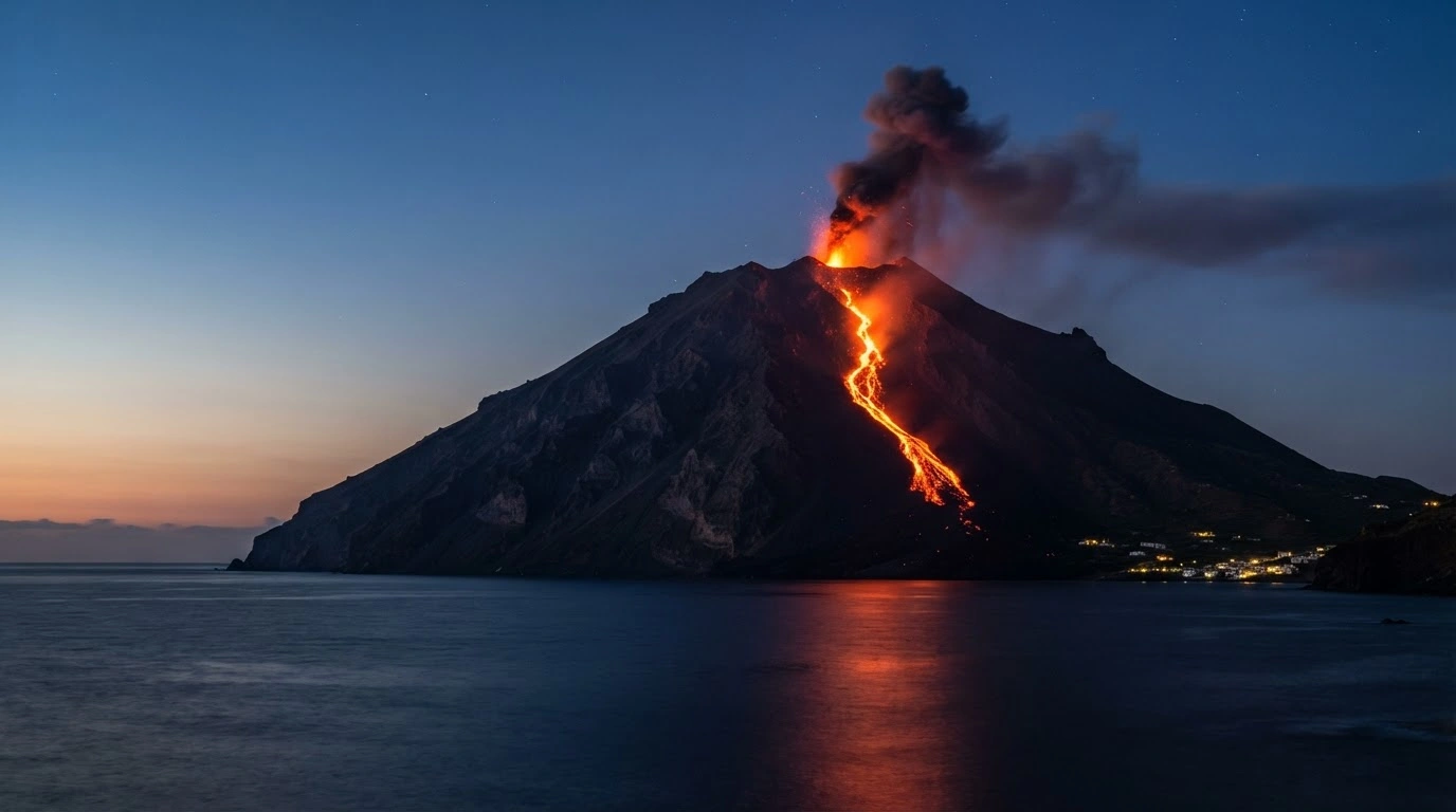 Molten lava flows down the northern crater of the Stromboli volcano in Italy during a period of heightened volcanic activity.