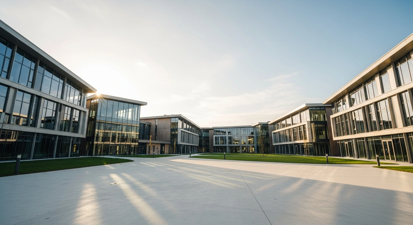 The modern buildings of the Strule Shared Education Campus in Omagh are shown following the completion of major structural construction work.