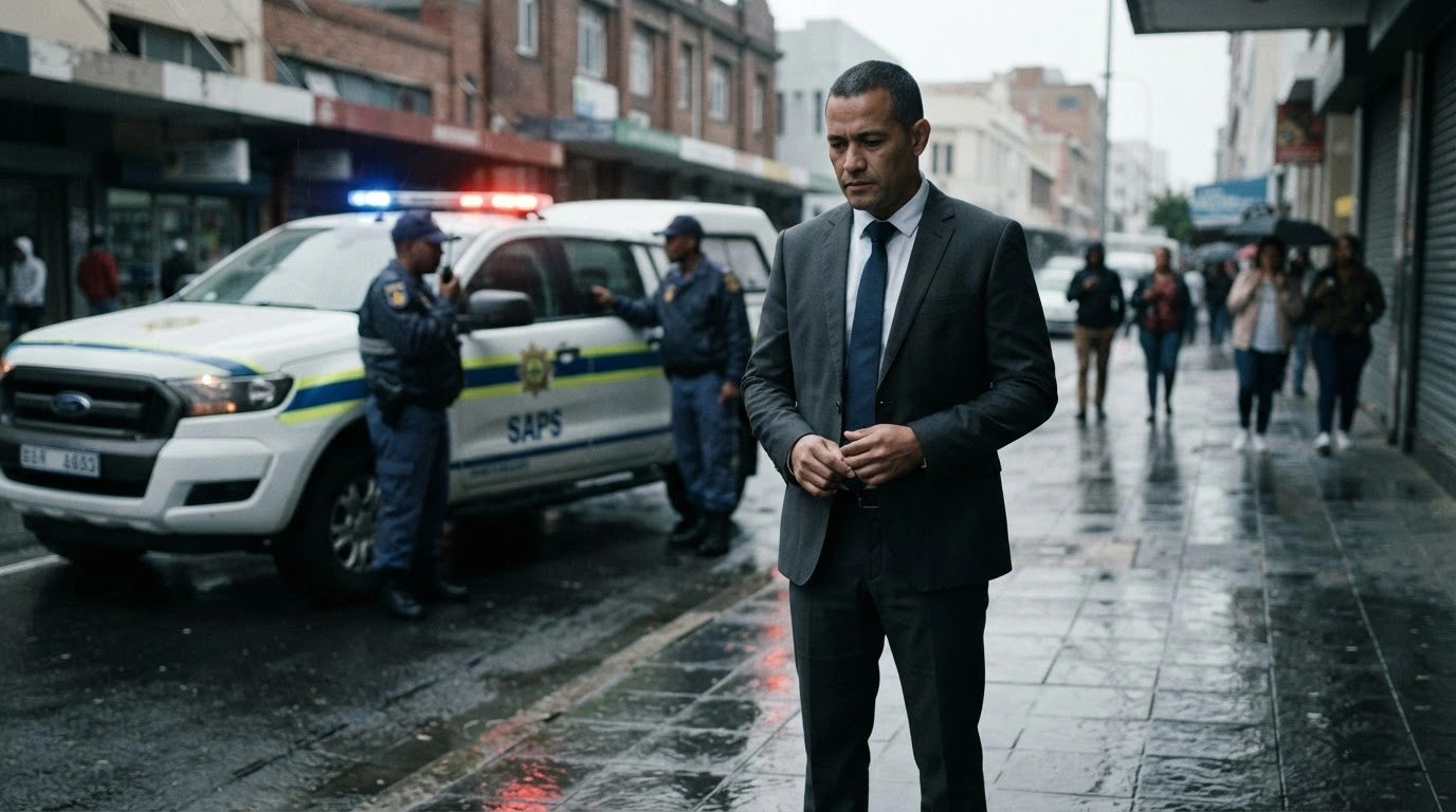 Stuart Scharnick stands near a police vehicle during his arrest by South African authorities in the Western Cape.