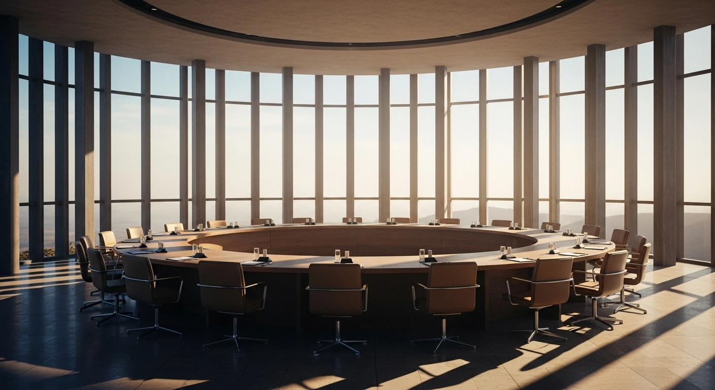 A modern, sunlit conference room with a circular table symbolizes the diplomatic efforts of Finnish President Alexander Stubb to establish a new security framework in the Middle East.