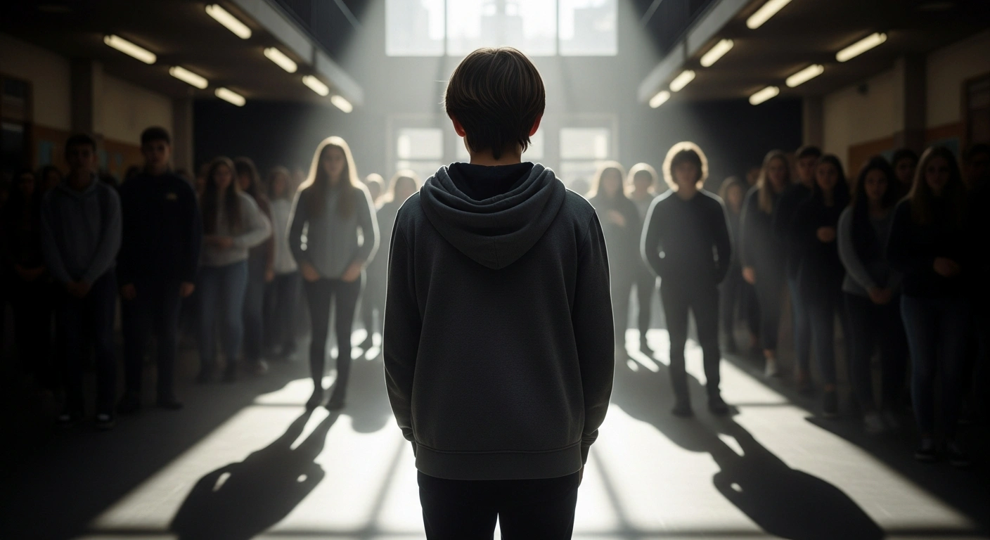A solitary ninth-grade student stands isolated in a dimly lit school hallway, their posture withdrawn, conveying vulnerability amidst a blurred background of other students, symbolizing the rise in negative attitudes and intolerance towards minority groups, including LGBTQI people, among high school students as reported by Sweden's Forum for Living History.