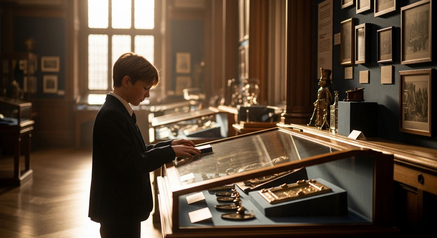 A primary school student acts as a curator at the Horsham Museum, arranging an exhibition about the history of the Great Fire of London.