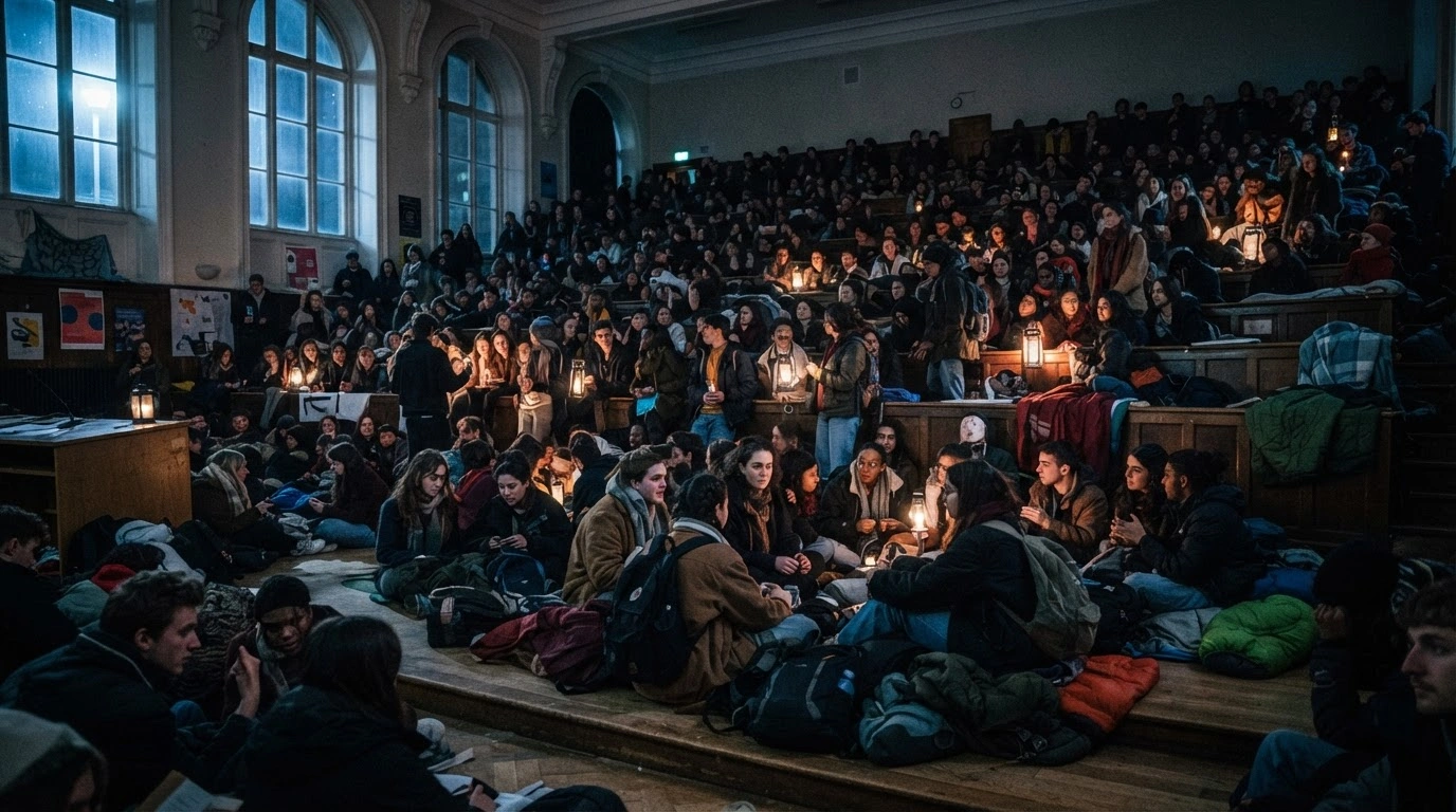 Students occupy a university lecture hall in Germany to protest against education budget cuts and the potential revival of military conscription.