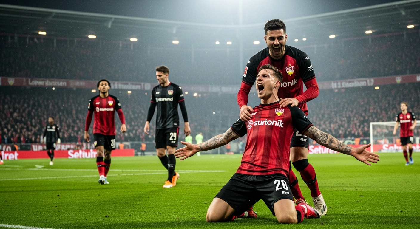 VfB Stuttgart players Jamie Leweling and Deniz Undav celebrate a goal on a rain-slicked pitch under stadium floodlights, symbolizing their commanding 4-1 Bundesliga victory over Bayer Leverkusen.