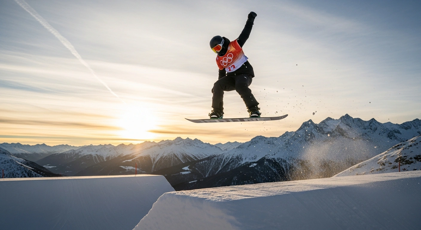 Chinese snowboarder Su Yiming is captured mid-air during a slopestyle event, silhouetted against a golden-hour sky, celebrating his gold medal win at the Milano Cortina 2026 Winter Olympics on his 22nd birthday.