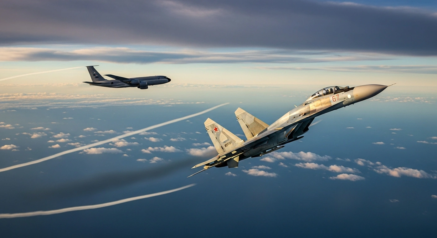 A Russian Su-27 fighter jet intercepts a British RC-135 reconnaissance aircraft flying over the Black Sea.