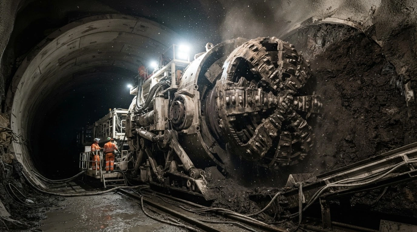 A massive tunnel boring machine operates underground to excavate a tunnel for the Suburban Rail Loop East project in Melbourne, Australia.