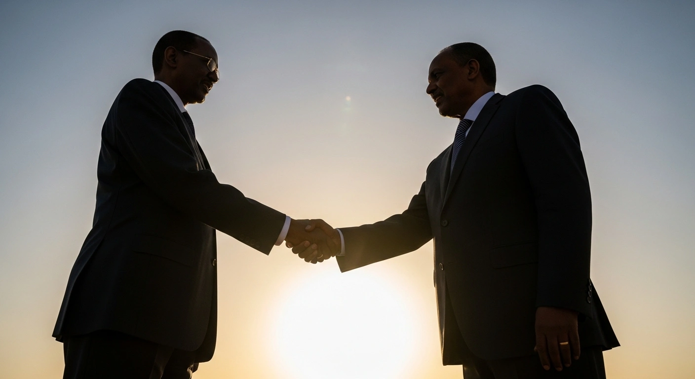 Sudan's Prime Minister Kamil Idris and Eritrean President Isaias Afwerki are captured in a low-angle, wide shot, shaking hands against a golden-hour sky in Asmara, symbolizing their agreement to enhance security, intelligence, and economic cooperation, including new ventures in fisheries, mining, and refining.