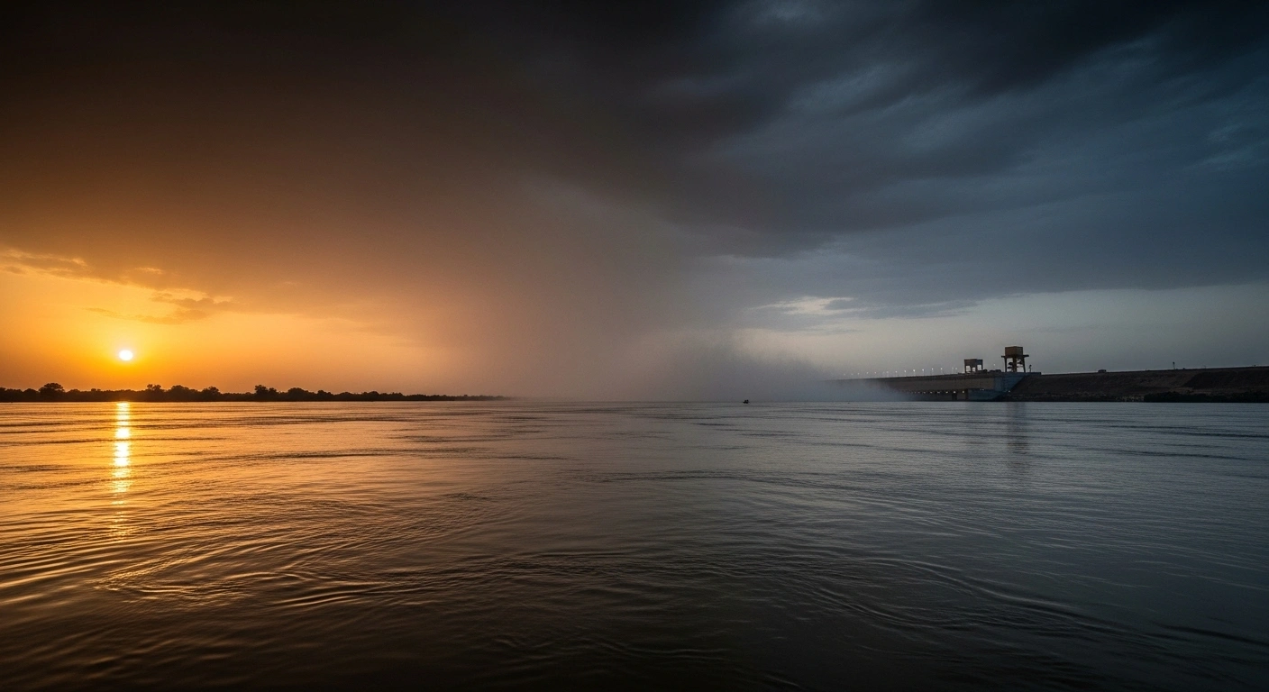 A wide, low-angle cinematic shot of the Nile River at dusk, showing unnervingly high water levels reflecting an orange sky, with the colossal Grand Ethiopian Renaissance Dam looming in the distant mist, symbolizing potential floods and a red alert in Sudan's provinces.