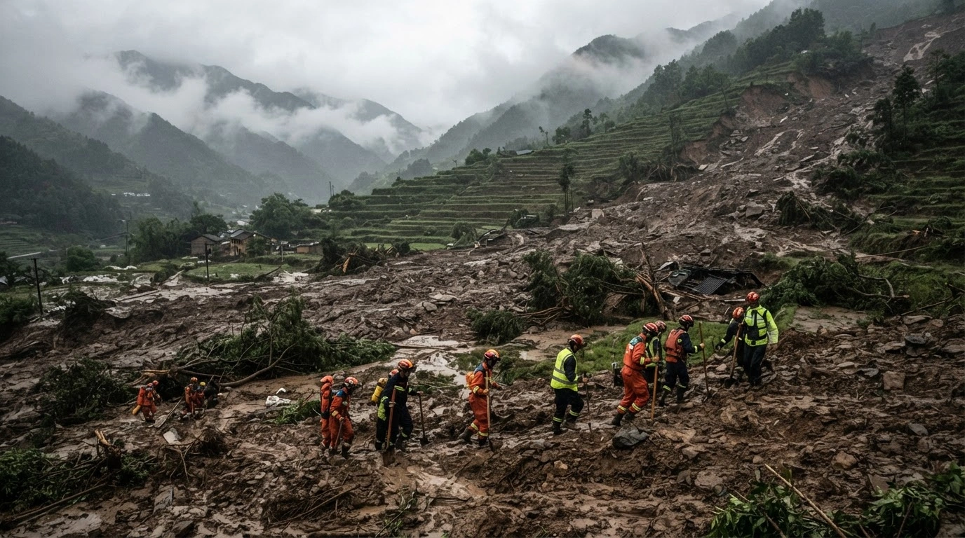 Emergency responders conduct search and rescue operations in Suichuan County following a devastating mudslide caused by torrential rainfall.