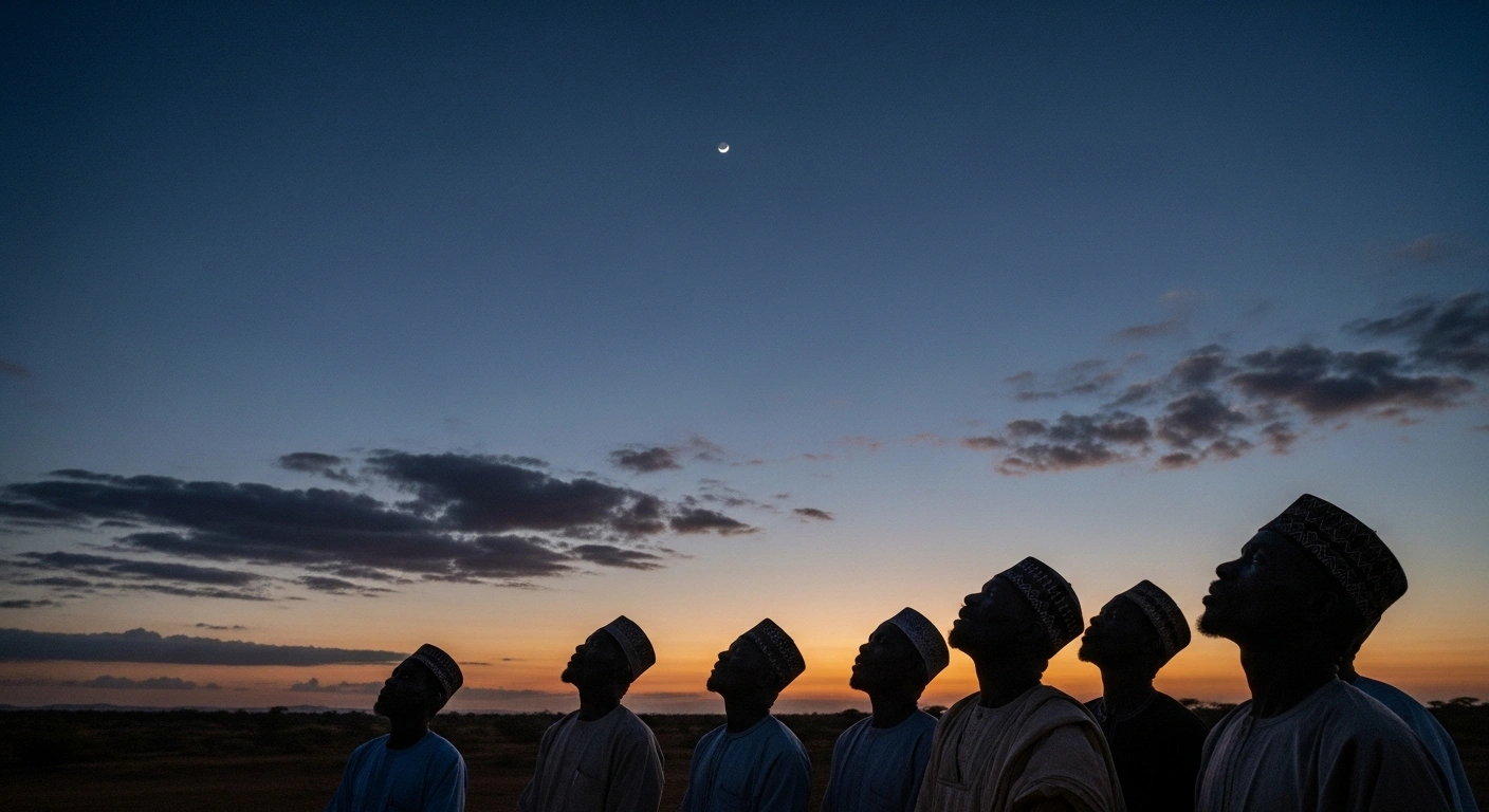 A group of Nigerian Muslims, silhouetted against a twilight sky, gaze upwards at a barely visible crescent moon, searching for the Ramadan 1447 AH crescent moon on February 17, 2026, as urged by the Sultan of Sokoto, to mark the first day of fasting.