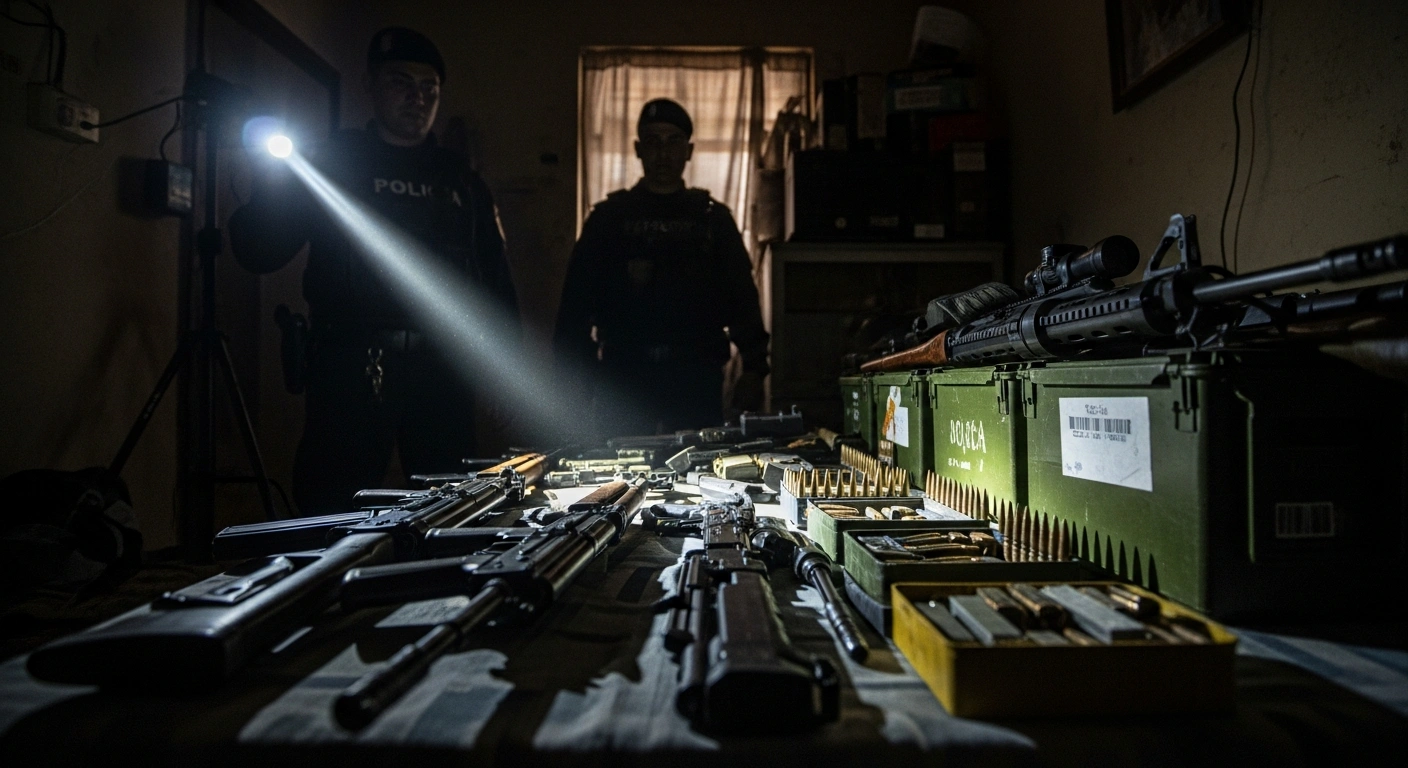 Military police officers illuminate a cluttered room with a flashlight, revealing a table laden with numerous firearms and ammunition boxes, representing the discovery of an illegal arsenal in a home in Sumaré, São Paulo.