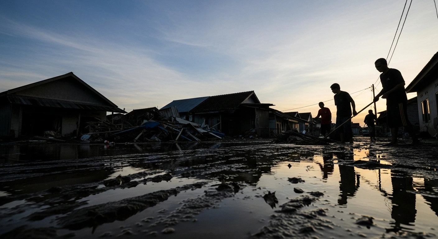 A wide, low-angle shot captures receding floodwaters in a devastated Sumatran village at late afternoon, revealing damaged homes and infrastructure as Indonesian locals begin recovery efforts amidst the aftermath of a tropical cyclone and heavy rains.