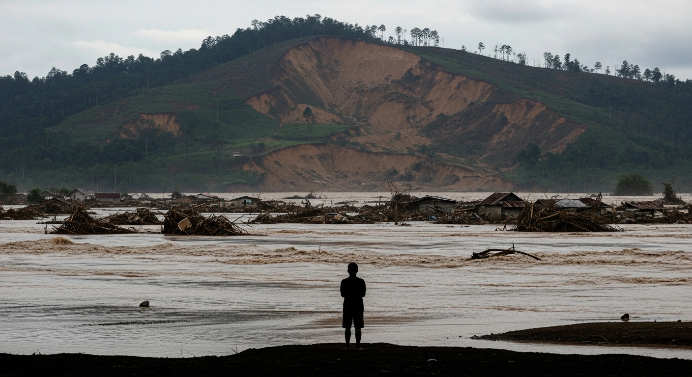 An elevated wide shot captures the devastating aftermath of floods and landslides in northern Sumatra, Indonesia, showing a village submerged by muddy water and debris, with a deforested hillside scarred by recent landslides under overcast skies, as a lone figure surveys the widespread destruction linked to environmental degradation and Cyclone Senyar.