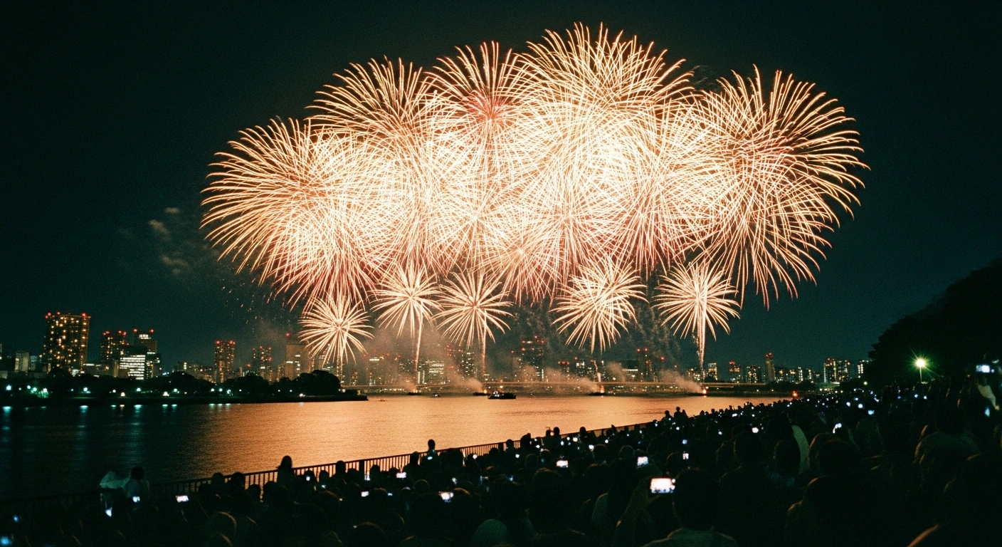 A spectacular fireworks display illuminates the night sky over the Sumida River as a large crowd gathers on the banks for the historic Tokyo festival.