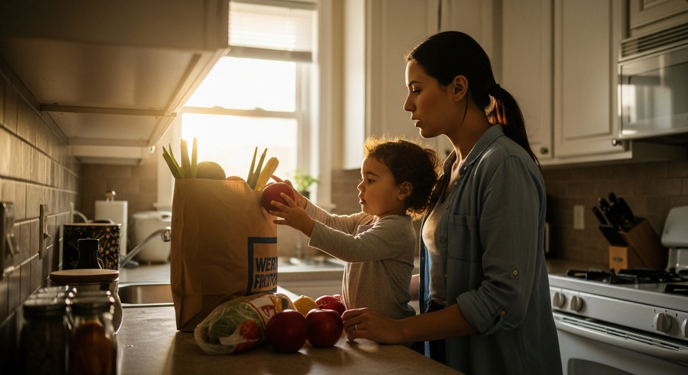 A mother and her young child unpack a bag of fresh, colorful groceries onto a kitchen counter bathed in warm, late afternoon sunlight, representing the vital grocery benefits provided to low-income families and children by programs like the Summer EBT (SUN Bucks) during summer months.