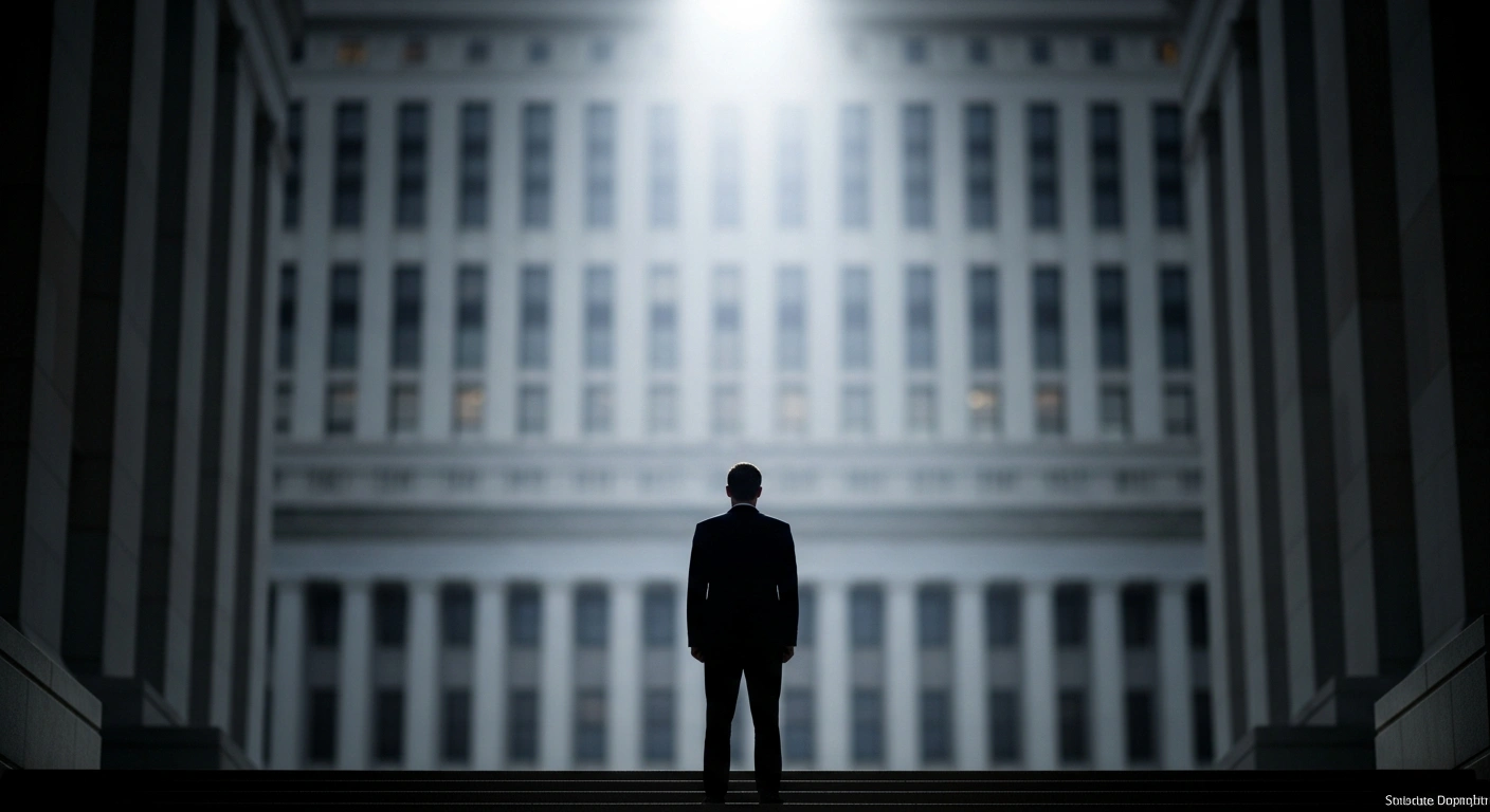 A solitary male figure, representing former Party secretary Sun Shaocheng, stands silhouetted against a large, imposing government building under harsh overhead light, symbolizing his investigation by China's Central Commission for Discipline Inspection and National Commission of Supervision for severe violations of Party disciplines and national laws.