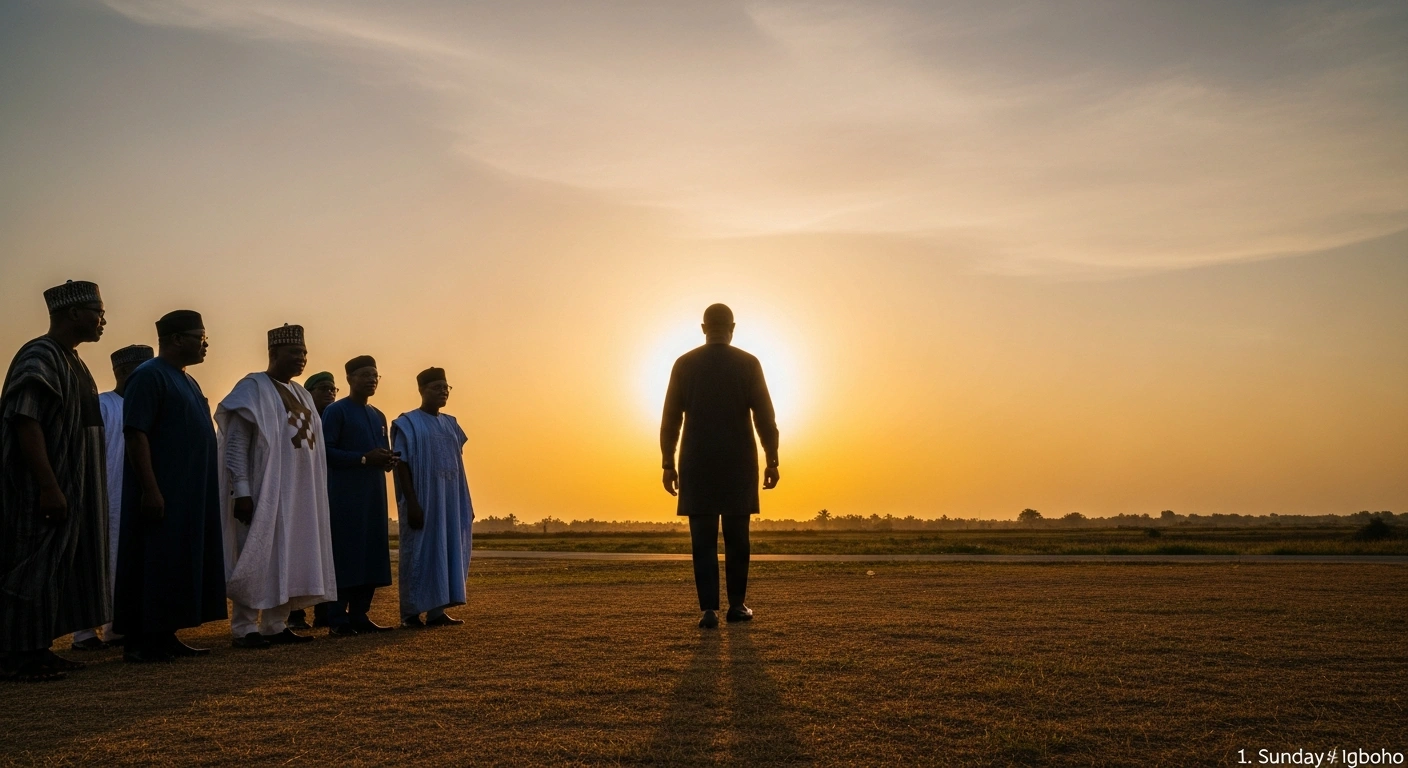 Sunday Adeyemo, also known as Sunday Igboho, is depicted returning to Nigeria from self-exile, greeted by a group of traditional rulers who secured his freedom.