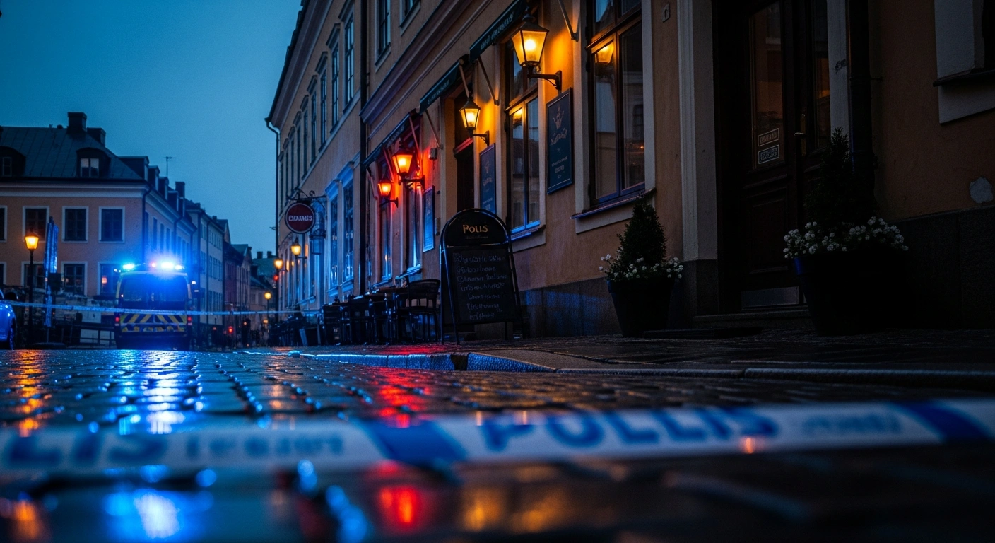 Swedish police officers investigate an assault incident outside a restaurant in the Stenstan district of Sundsvall.