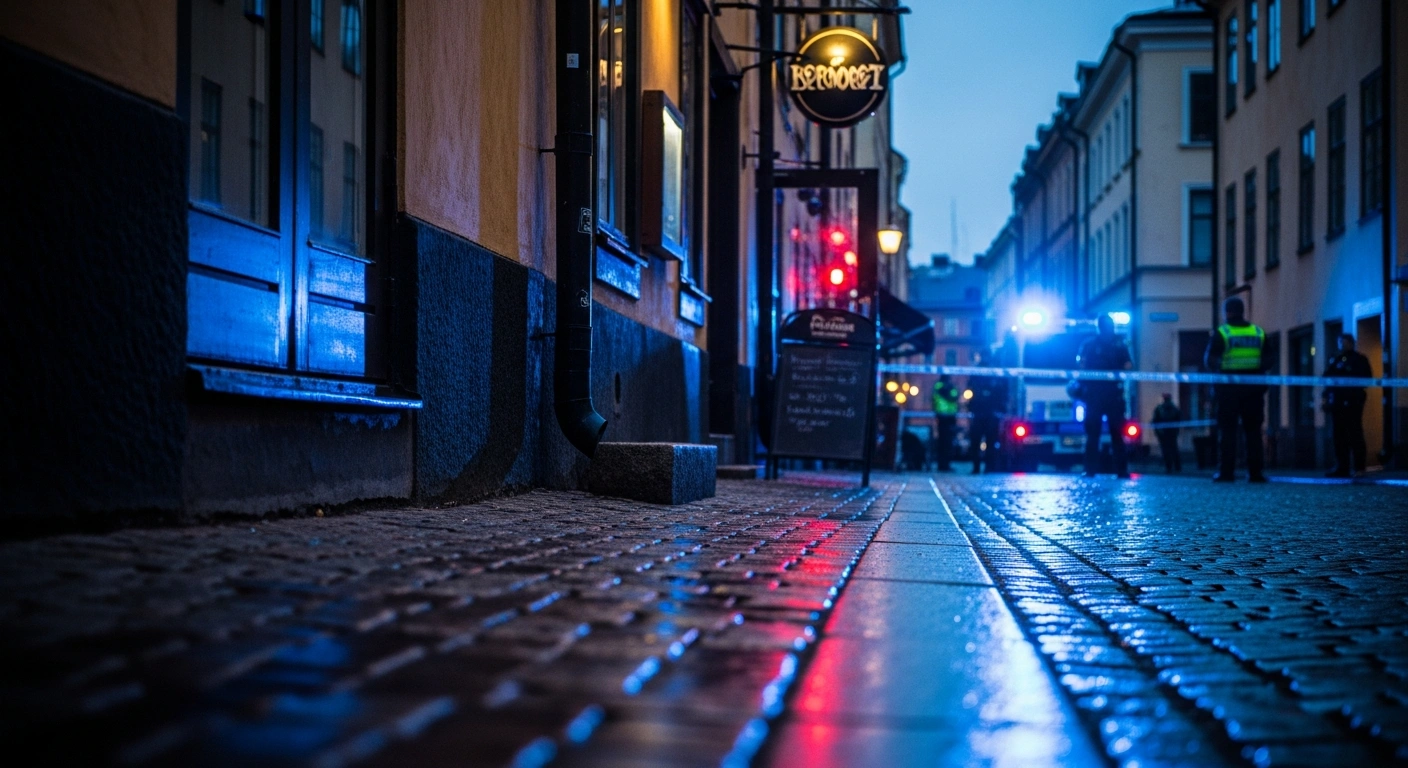Swedish police officers investigate the scene of an assault outside a restaurant in the Stenstan district of Sundsvall.