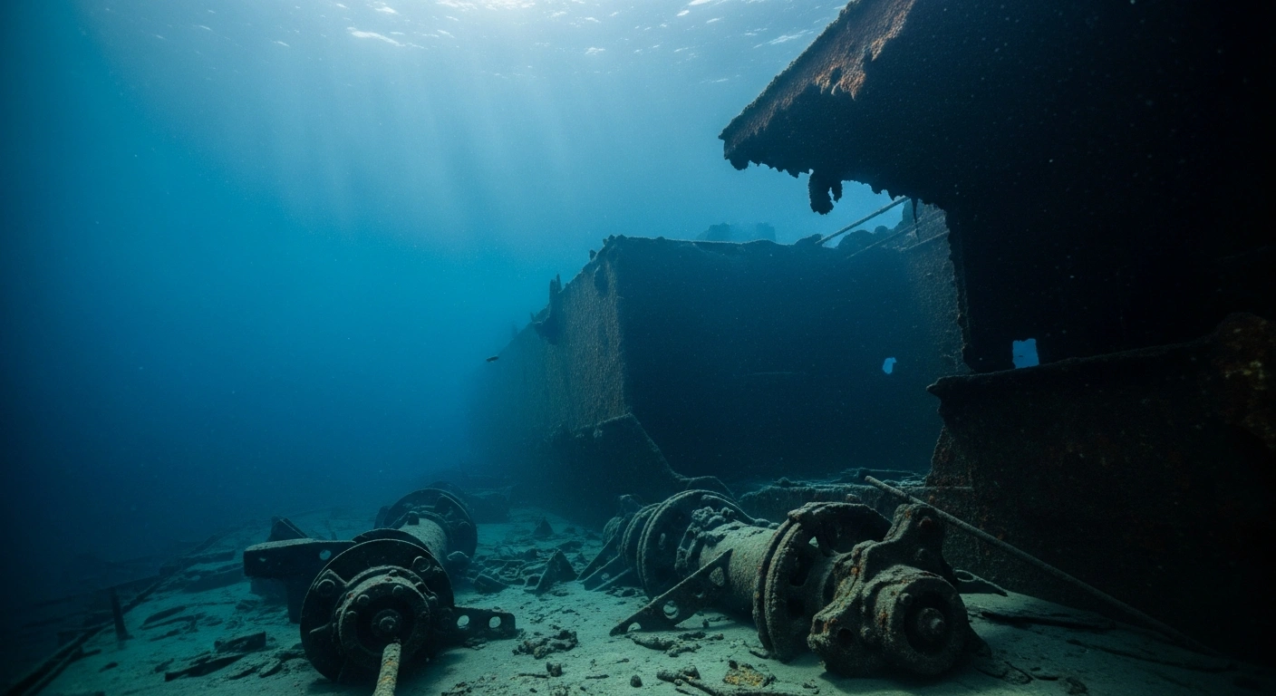A submerged Russian ship lies on the ocean floor surrounded by scattered components potentially linked to nuclear submarine reactors.