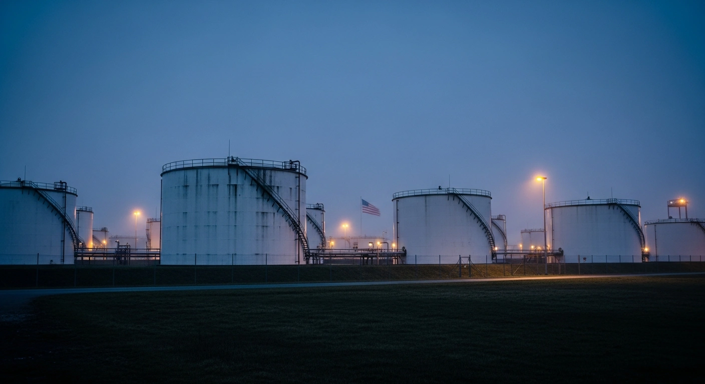 A sprawling German oil depot with towering storage tanks is depicted at pre-dawn, shrouded in industrial mist and illuminated by floodlights, with a subtle American corporate flag in the distance, representing US fuel distributor Sunoco's acquisition of German operator TanQuid and its critical infrastructure, including aviation fuel supply.