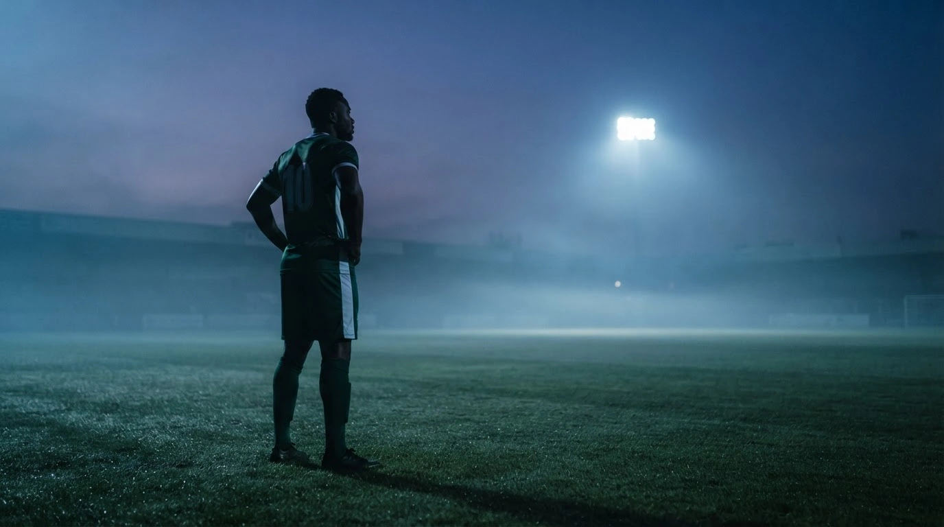 A lone Nigerian football player stands on a dark, misty pitch reflecting on the Super Eagles' recent drop in the FIFA Men's World Ranking.