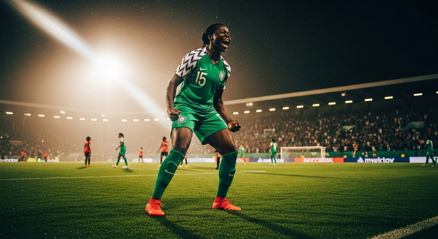 A Nigerian female football player celebrates after the Super Falcons secured a quarter-final spot in the Women's Africa Cup of Nations.