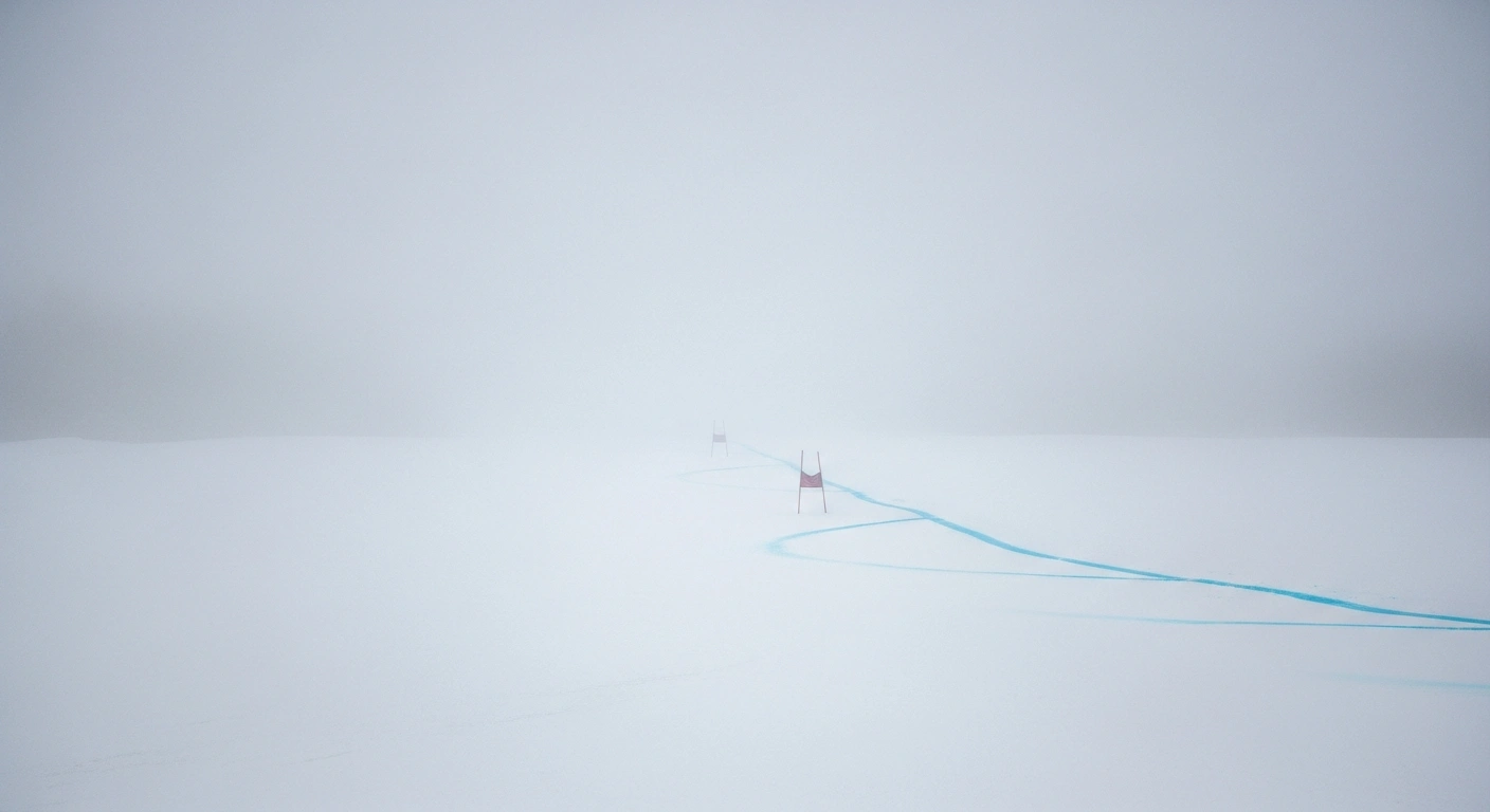 A desolate section of a snow-covered ski course, likely the Kandahar course in Garmisch-Partenkirchen, Germany, is shrouded in dense, ethereal fog, with a single, blurred race gate barely visible, symbolizing the cancellation of the men's World Cup Super-G ski race due to poor visibility.