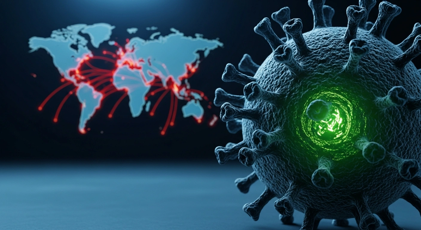 A photorealistic, glowing green viral particle is prominently displayed in the foreground, while a blurred holographic world map in the background shows red hotspots rapidly spreading from Australia, symbolizing the fast-spreading influenza A (H3N2) subclade K, dubbed 'Super-K,' identified by Australian scientists during the 2025 flu season and its global spread to over 30 countries, raising concerns about vaccine alignment.