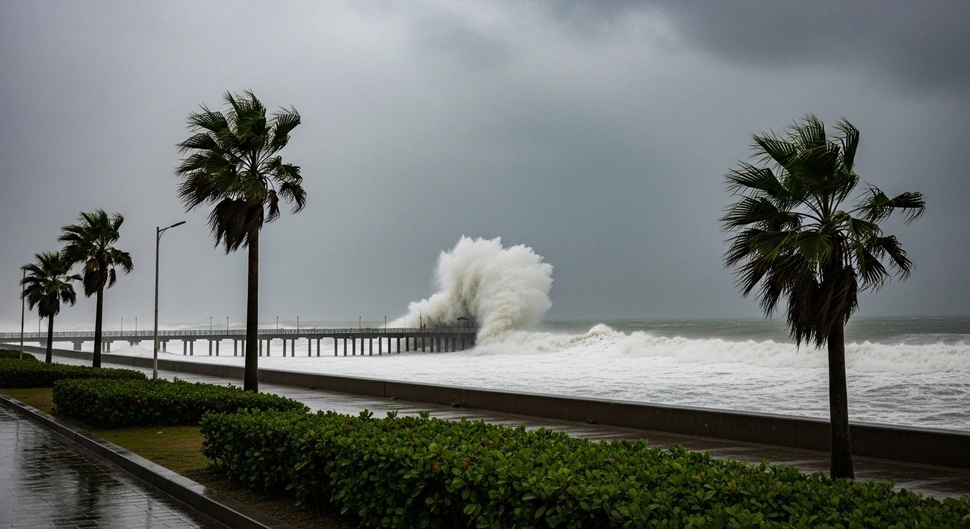 A deserted coastal tourist site in China faces heavy rainfall and powerful waves as Super Typhoon Bavi approaches the eastern provinces.