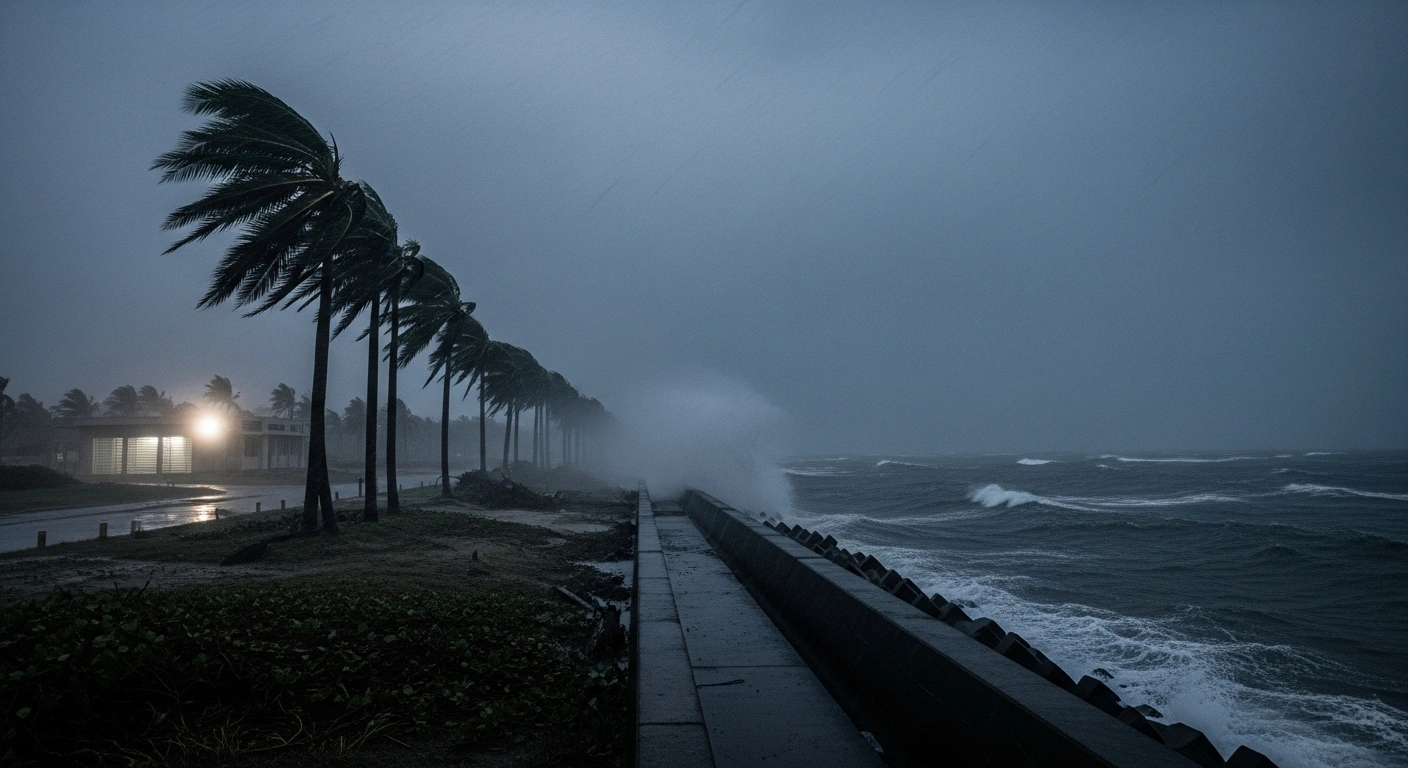 A powerful super typhoon brings intense rainfall and high winds to the coastline of Guam as emergency responders monitor the storm impact.