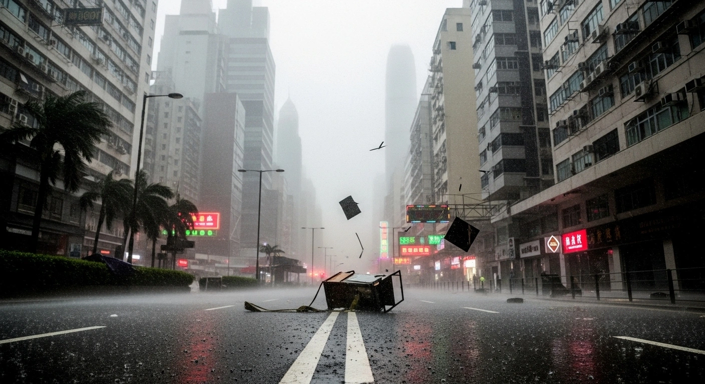 A deserted Hong Kong street is battered by hurricane-force winds and torrential rains during Super Typhoon Ragasa, with blurred neon lights and debris scattered by the storm's destructive power, reflecting the widespread disruption and No. 10 warning signal.