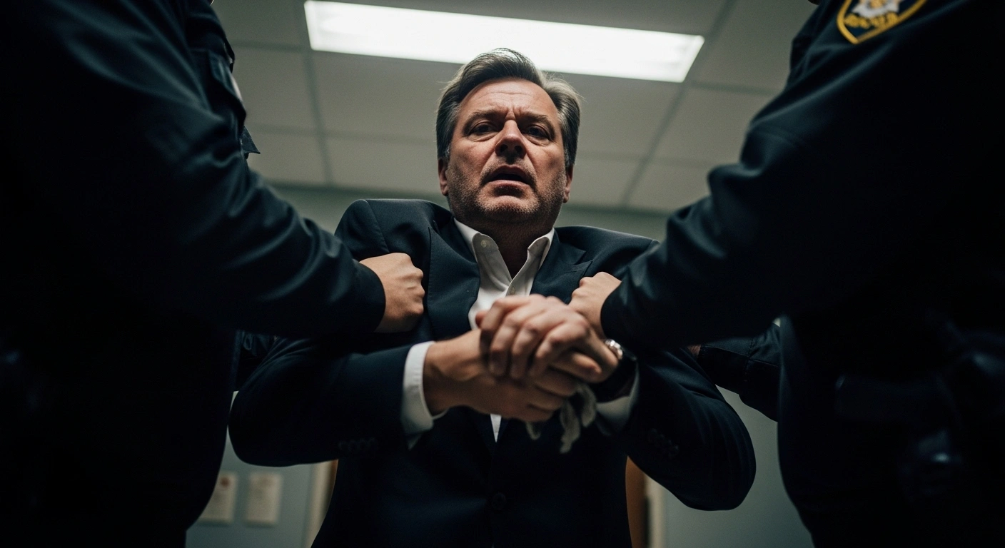 Des Moines Public Schools Superintendent Ian Roberts is depicted being detained by U.S. Immigration and Customs Enforcement officials, his face showing shock and resignation, after being found with a loaded handgun, cash, and a knife.