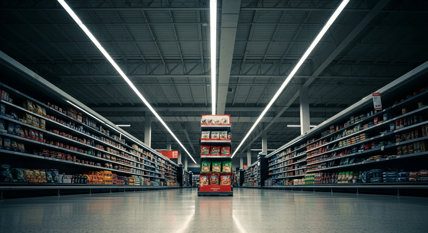 A wide, low-angle shot of a sterile supermarket aisle under harsh fluorescent lighting, featuring a prominent, slightly disheveled display stand in the foreground, symbolizing the misleading 'Product of Canada' claims at Real Canadian Superstore in Toronto, which led to a $10,000 fine from the Canadian Food Inspection Agency (CFIA).
