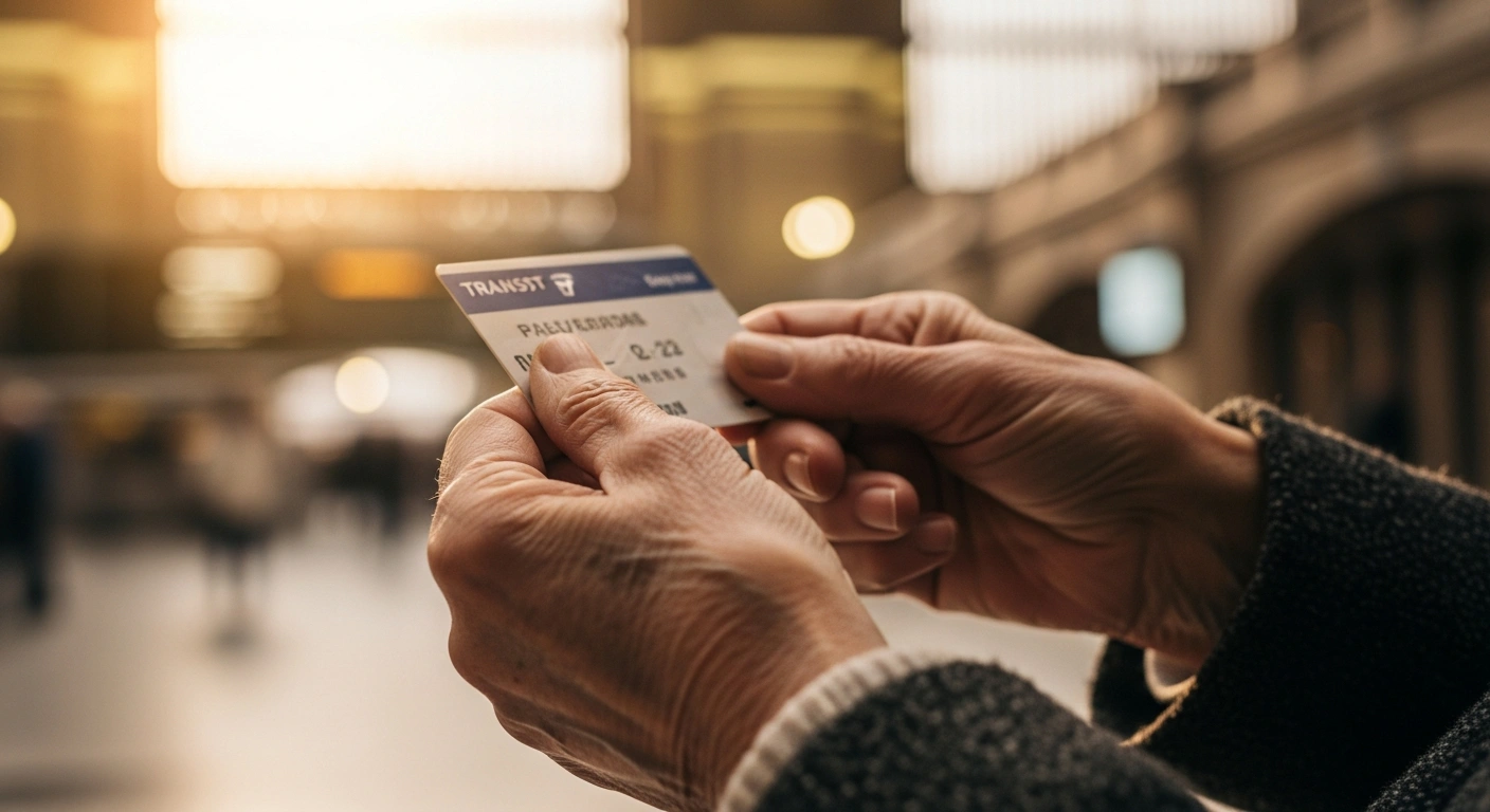 A close-up shows the weathered hands of an elderly person holding a worn transit card, representing the reactivation of SuperVia senior gratuity cards for beneficiaries in Rio de Janeiro.