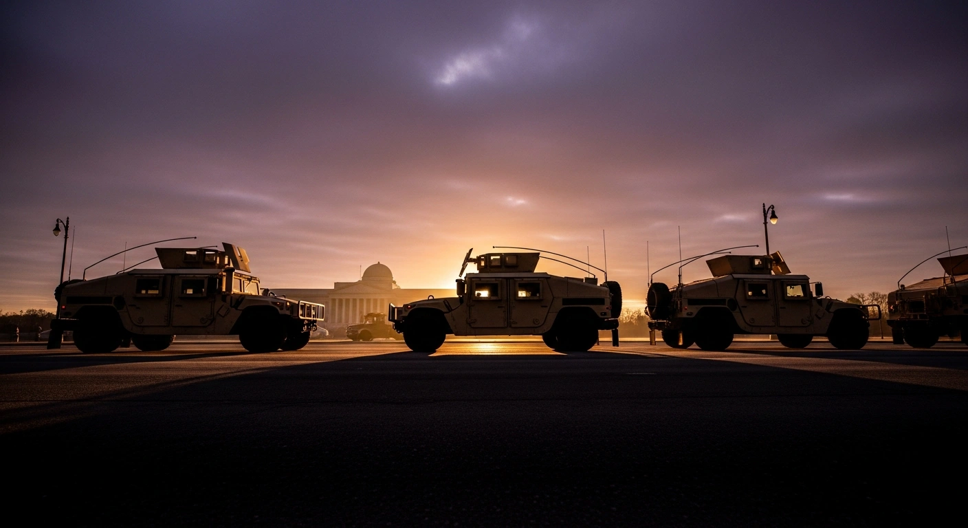 A low-angle shot at dawn shows several military-grade vehicles, resembling National Guard transports, halted on a desolate urban street, symbolizing the U.S. Supreme Court blocking President Donald Trump's deployment of the National Guard to Chicago due to a lack of proper authority.