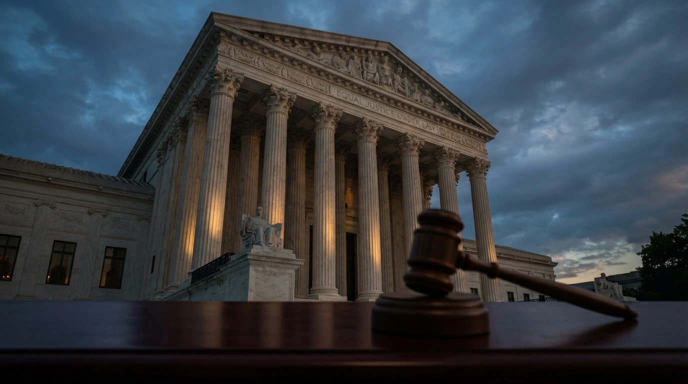 The Supreme Court building stands under a dramatic sky as the court begins hearing a major climate change liability case involving oil companies.