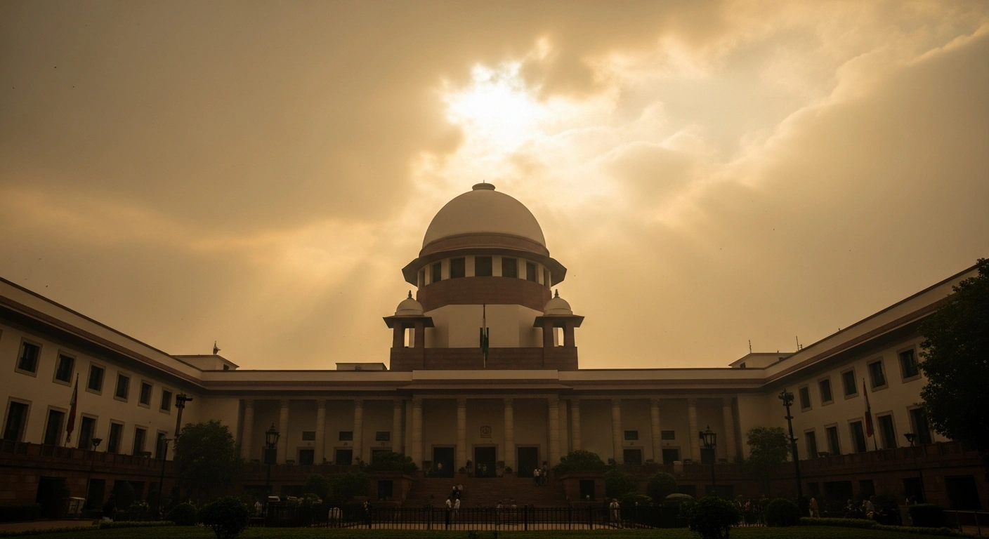 A low-angle view of the majestic Supreme Court of India building, partially obscured by a hazy, ochre-tinged sky, symbolizing its decision to empower the CAQM to combat severe air pollution in the Delhi-National Capital Region with stricter GRAP restrictions.