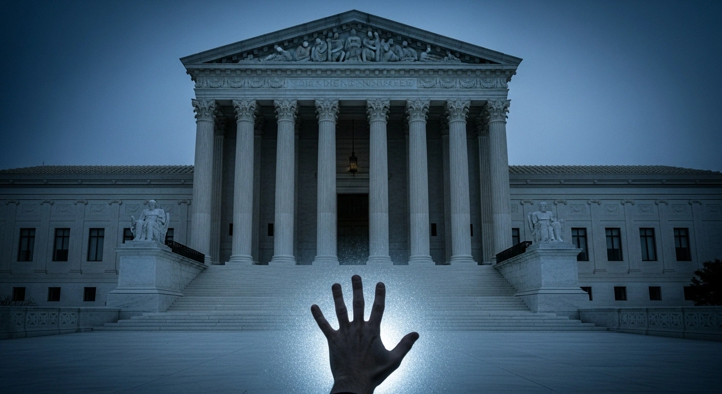 A low-angle, dusk photograph of the U.S. Supreme Court building, illuminated by cold moonlight, with a symbolic weathered hand reaching towards an invisible barrier in the foreground, representing the Supreme Court's decision allowing the Trump administration to freeze $4 billion in foreign aid despite humanitarian concerns.