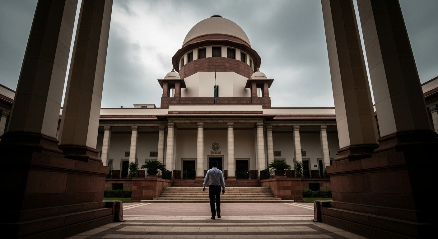 The Supreme Court of India building stands under a cloudy sky following the court's decision to grant bail to Alamgir Alam and Sanjeev Kumar Lal in a money laundering case.