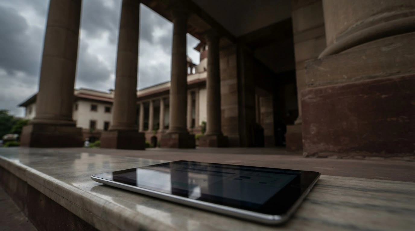 The Supreme Court of India building stands behind a modern digital tablet, representing the court's decision regarding digital enumeration tools for the 2027 Census.