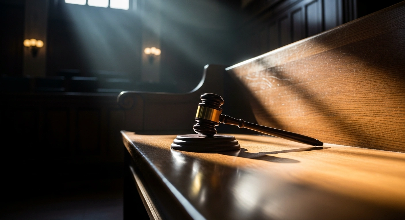 A wooden gavel sits on a courtroom bench, representing the Supreme Court of India's mandate for timely judicial judgments.