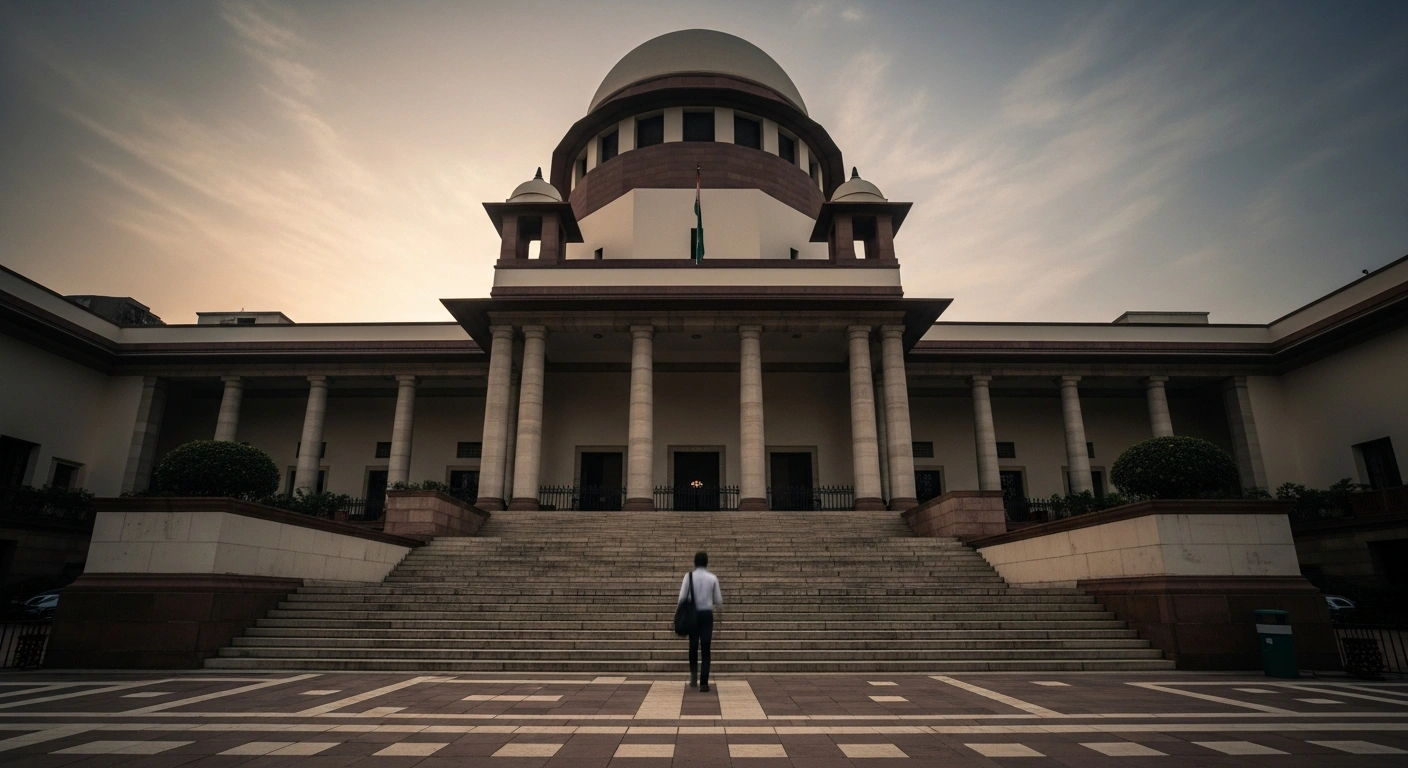 The exterior of the Supreme Court of India building stands under a dramatic twilight sky as a symbol of the judicial hierarchy.