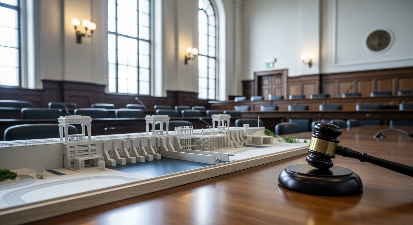 An unfinished miniature model of a reservoir project sits on a polished table in a grand courtroom, with a gavel resting silently nearby, symbolizing the Indian Supreme Court's dismissal of a challenge to the Mekedatu reservoir project as premature, awaiting expert approval.