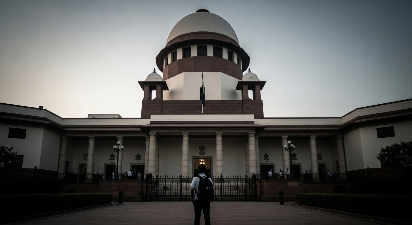 The Supreme Court of India building stands under a twilight sky as students await a judicial decision regarding the NEET-UG examination.