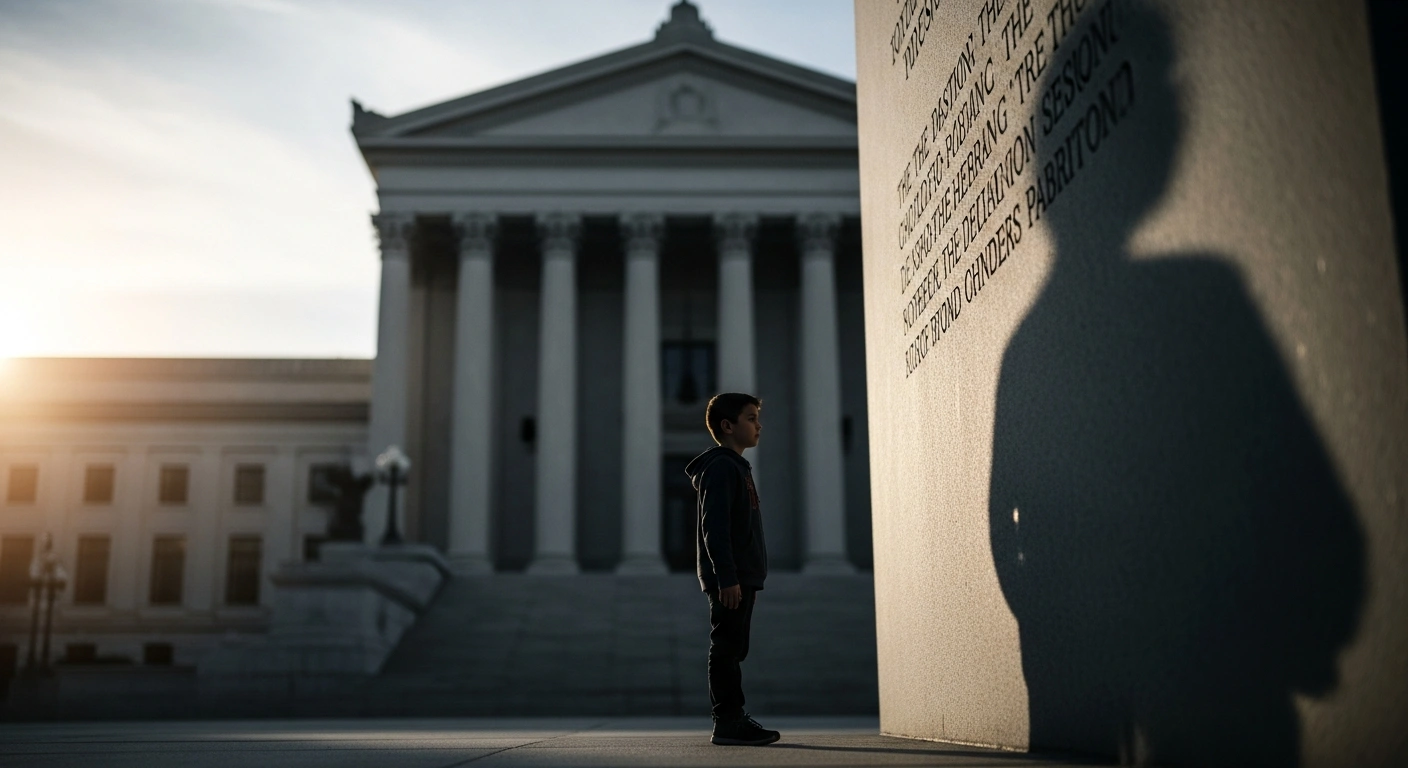 A low-angle shot depicts the silhouetted figure of a young person standing at a crossroads, partially obscured by a long shadow, with a grand, neoclassical courthouse facade softly blurred in the background, symbolizing the U.S. Supreme Court's temporary blocking of California policies regarding parental notification of a student's gender identity.