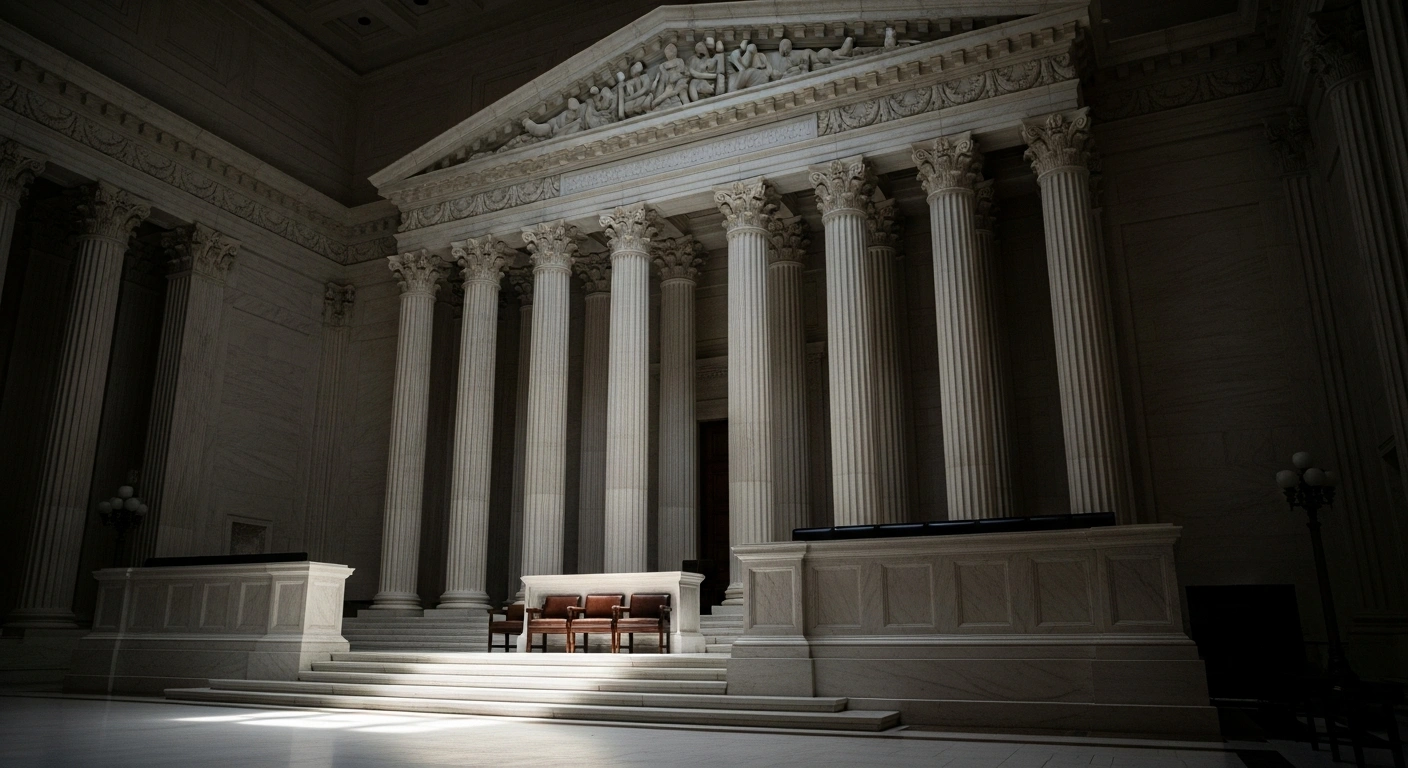 A wide, low-angle shot inside the U.S. Supreme Court building shows grand marble columns and an empty bench, with a beam of sunlight highlighting dust motes, symbolizing the deferred decision on presidential authority regarding Shira Perlmutter's position at the Copyright Office.
