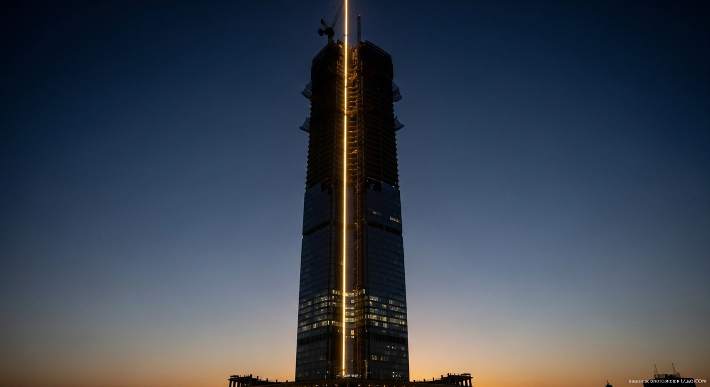 A dramatically lit, partially completed skyscraper stands tall against a twilight sky, symbolizing the Rs 20,000 crore worth of projects saved from demolition after the Indian Supreme Court recalled its verdict on retrospective environmental clearances.